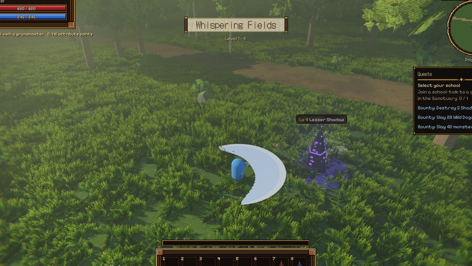 An early basic attack against a Lesser Shadow stone, back when the player was a placeholder capsule