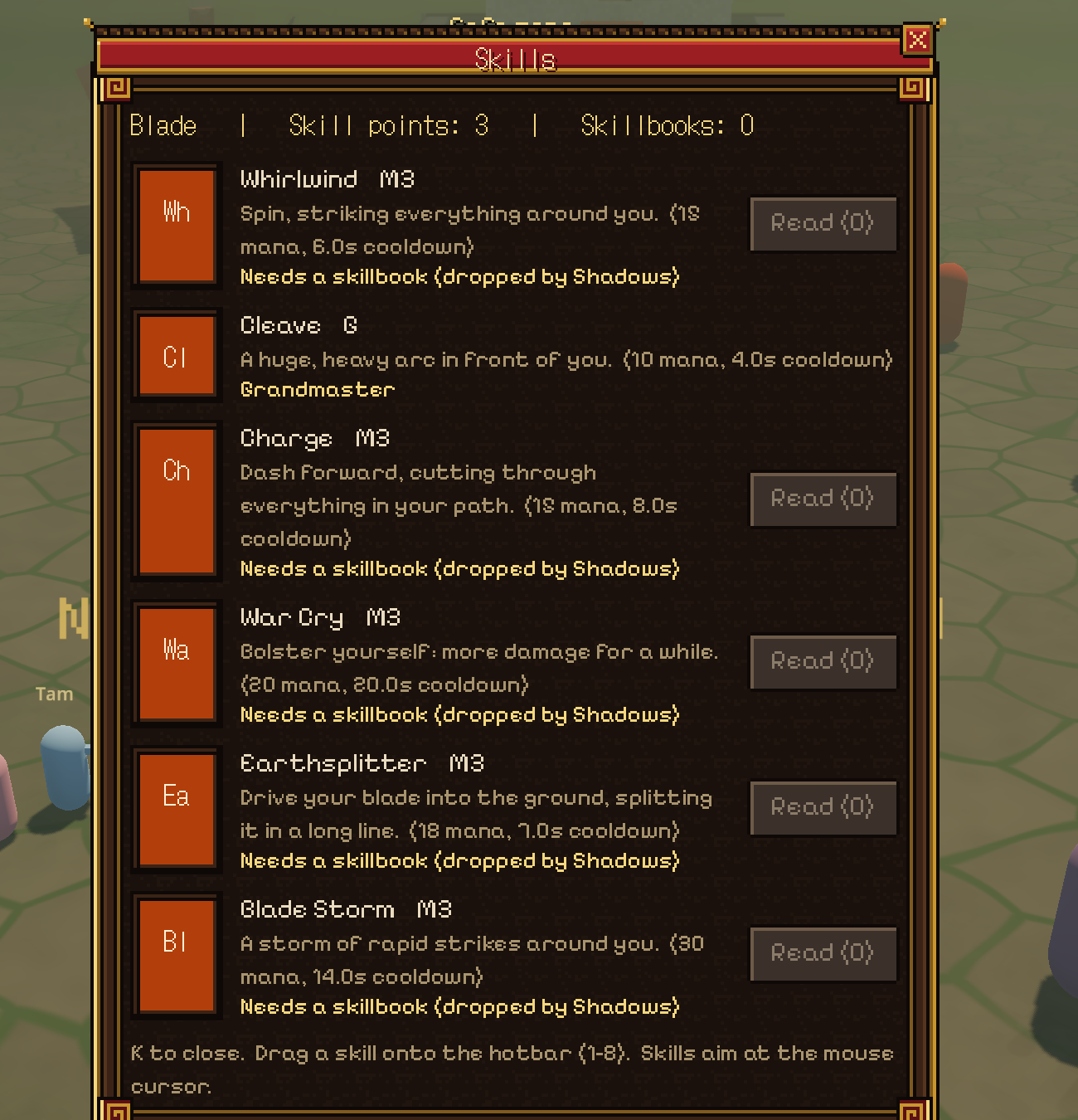 The skill window (K) for the Blade school: M3 = Master rank 3, G = Grandmaster
