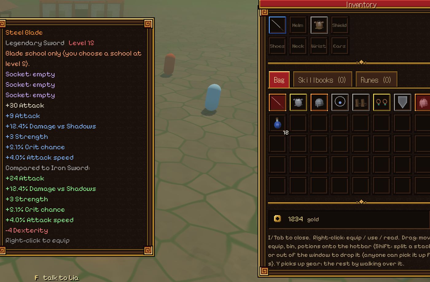 A legendary Steel Blade: rarity colour, empty sockets, random bonuses and the comparison to the equipped Iron Sword