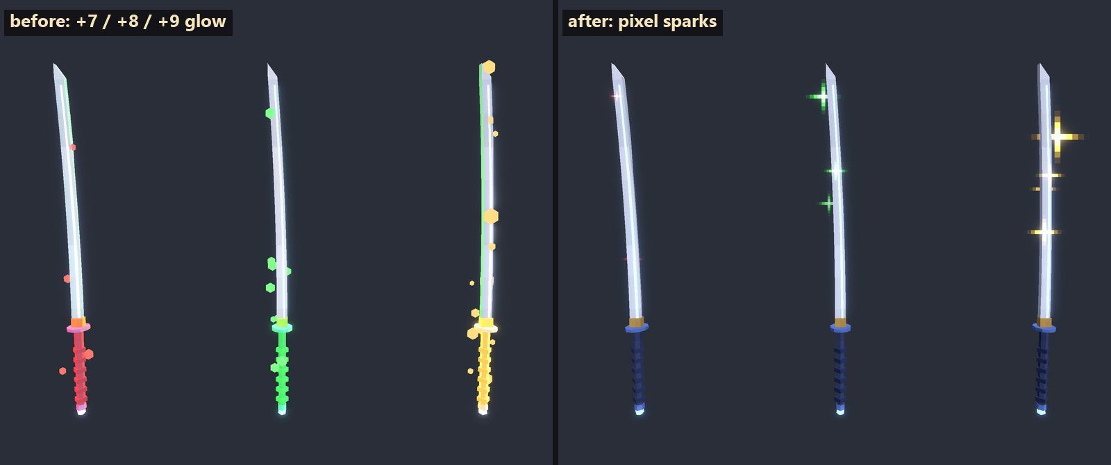+7, +8 and +9 katanas before and after the change: a full glow became a few pixel sparks