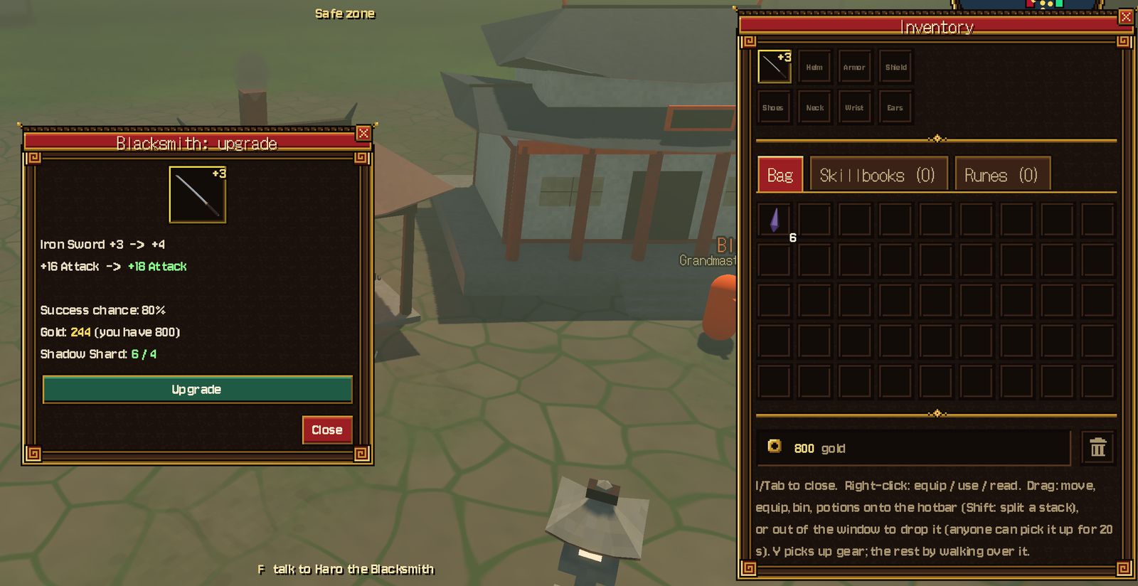 Haro the Blacksmith's upgrade window: chance, gold and Shadow Shards