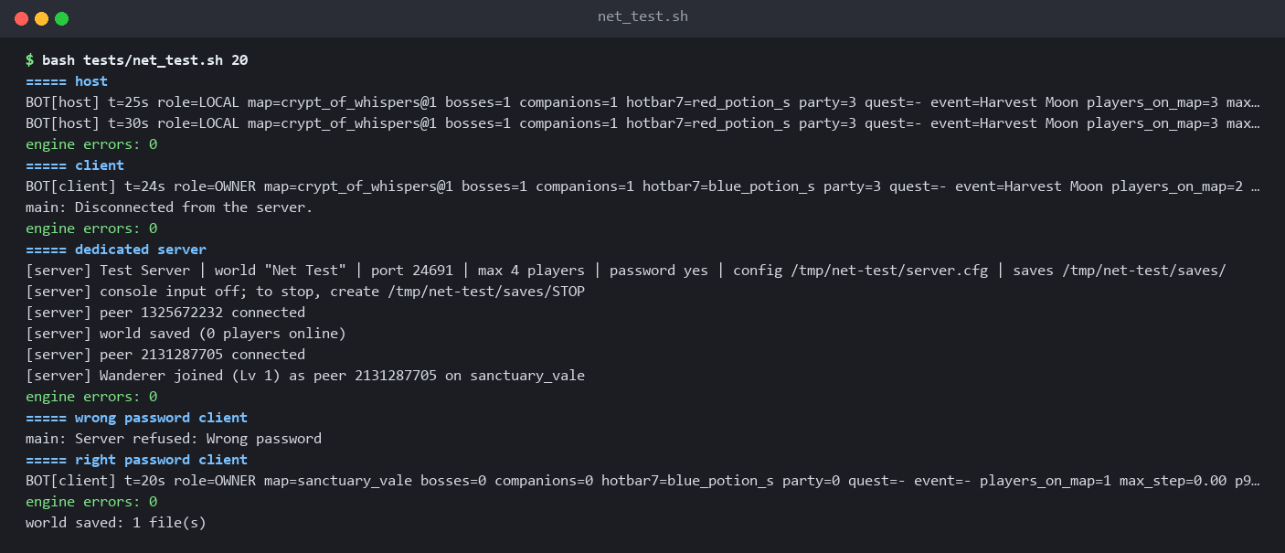 tests/net_test.sh: host + client bots, then a passworded dedicated server, with engine error counts