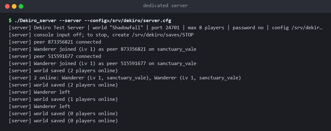 A dedicated server's console: joins, autosaves and the once-a-minute status line