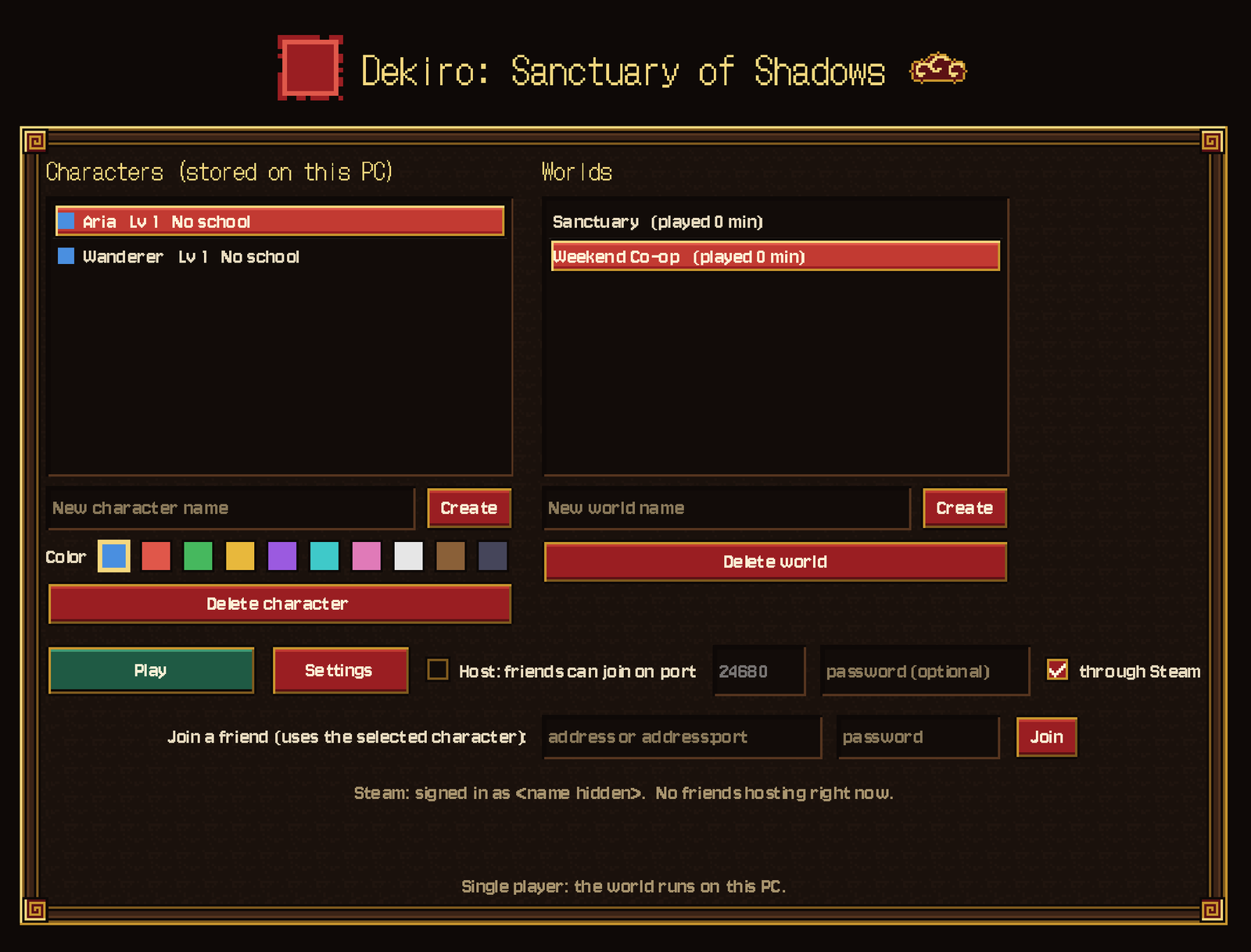 The start screen: characters, worlds, Host / Join and the Steam status line (account name hidden)