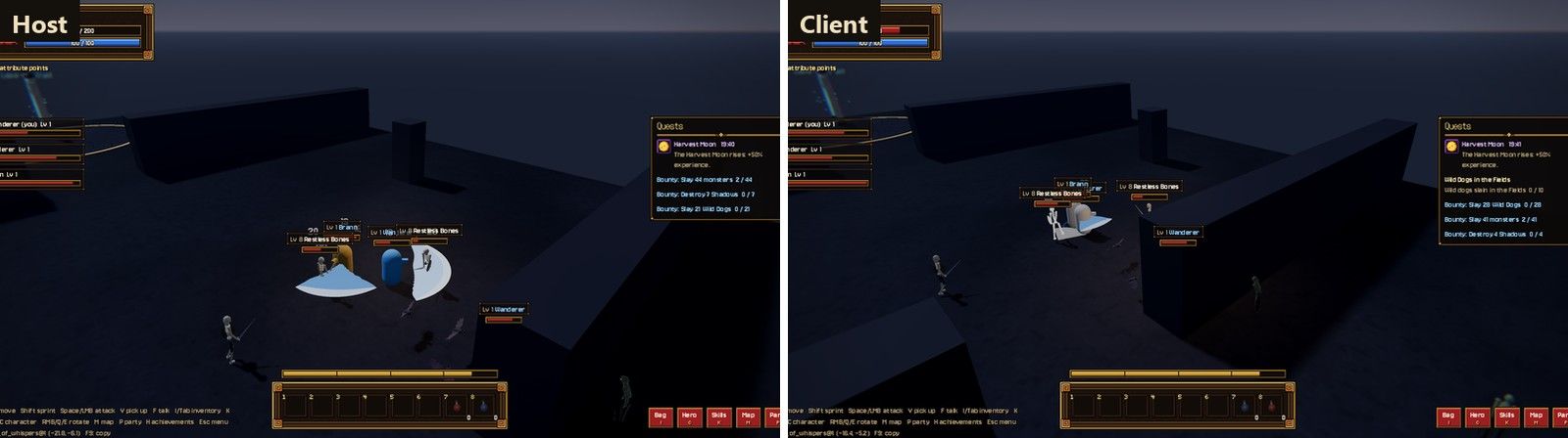Host and client in the same Crypt fight, both driven by the test bots