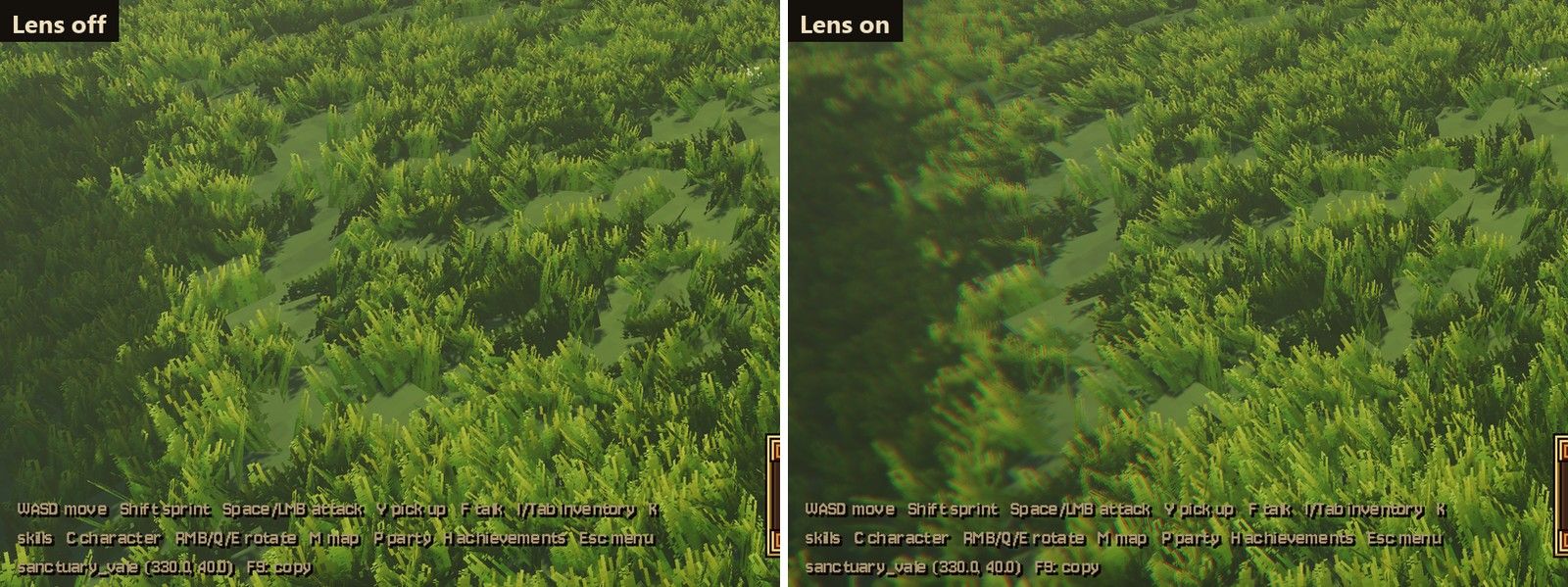 A before/after pair as the AI sees it: the lower-left corner with the lens effect off and on