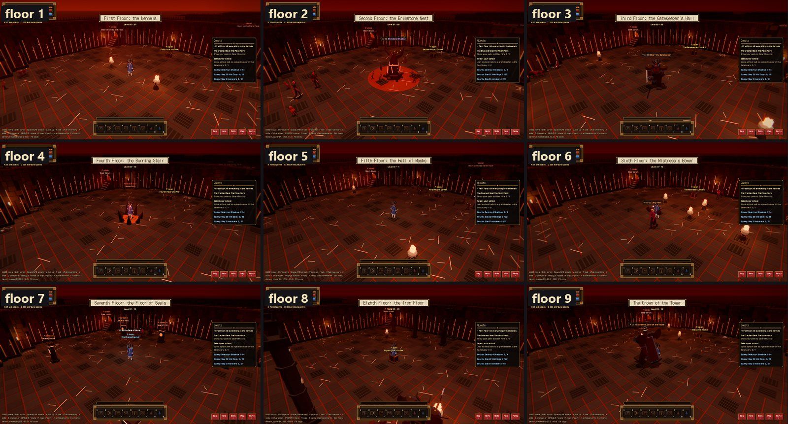 The Demon Tower's nine floors from one scenario run: every floor photographed at the default camera