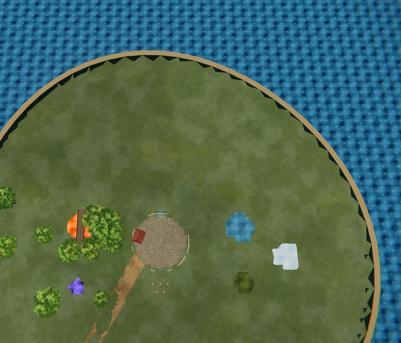 The Proving Grounds from above (fog switched off for this view): the test square, liquids, the zoo and the arena
