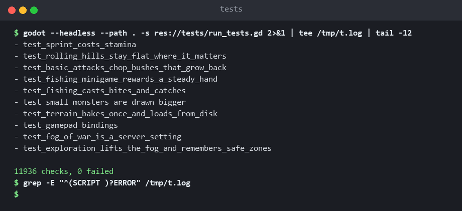 The end of a test run and an empty error grep (from the day the count first passed 11,900)