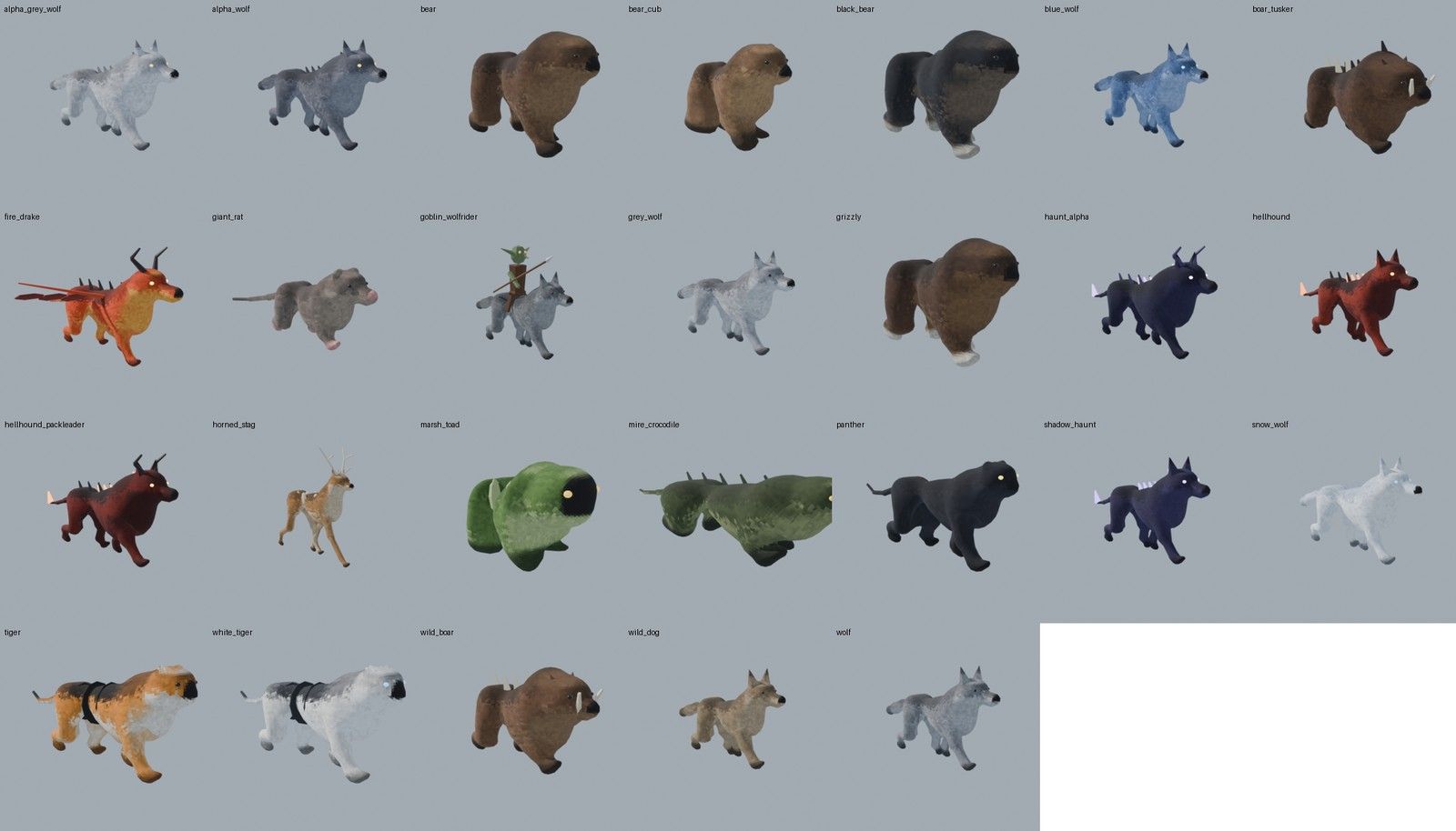 Contact sheet of the four-legged monsters (after the organic rebuild)
