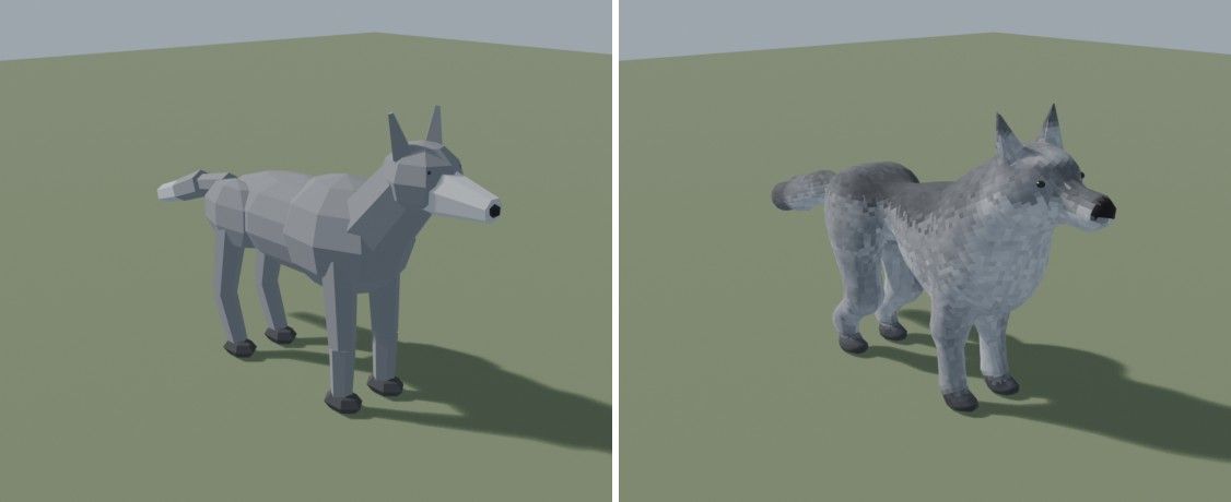 The same wolf as a Pinocchio doll of primitives (left) and after the organic rebuild (right)