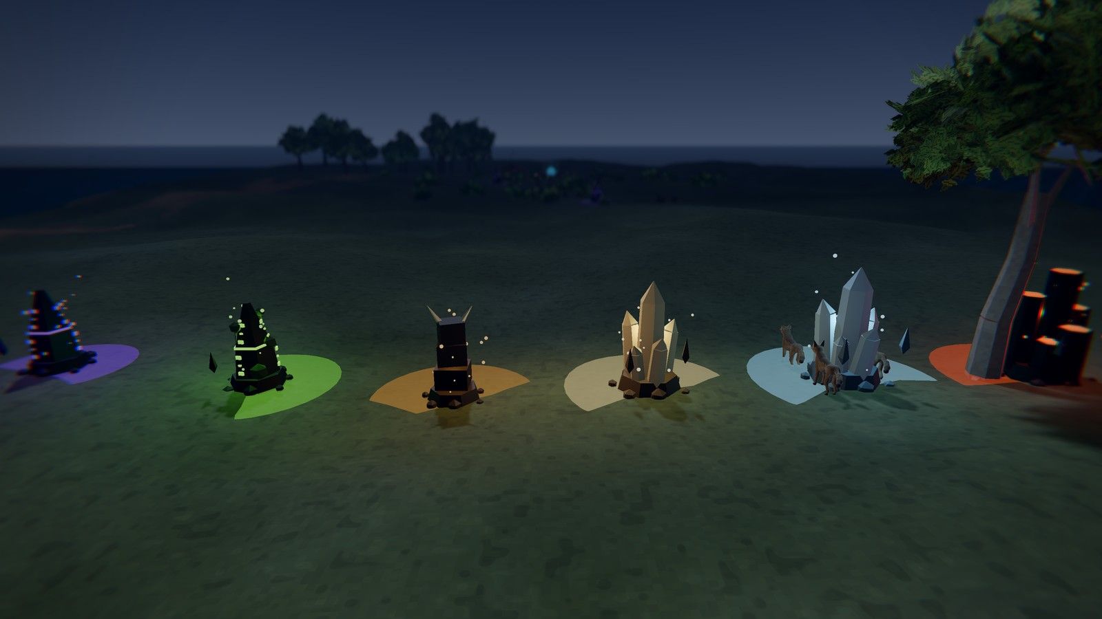 Shadow stones at night, each with runes in its Shadow's colour