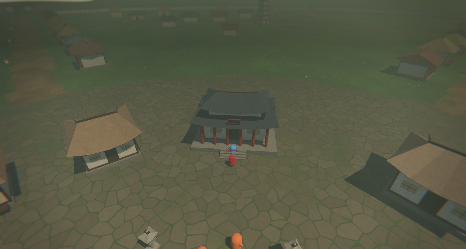The town: houses, the temple hall and stone lanterns from the building builder