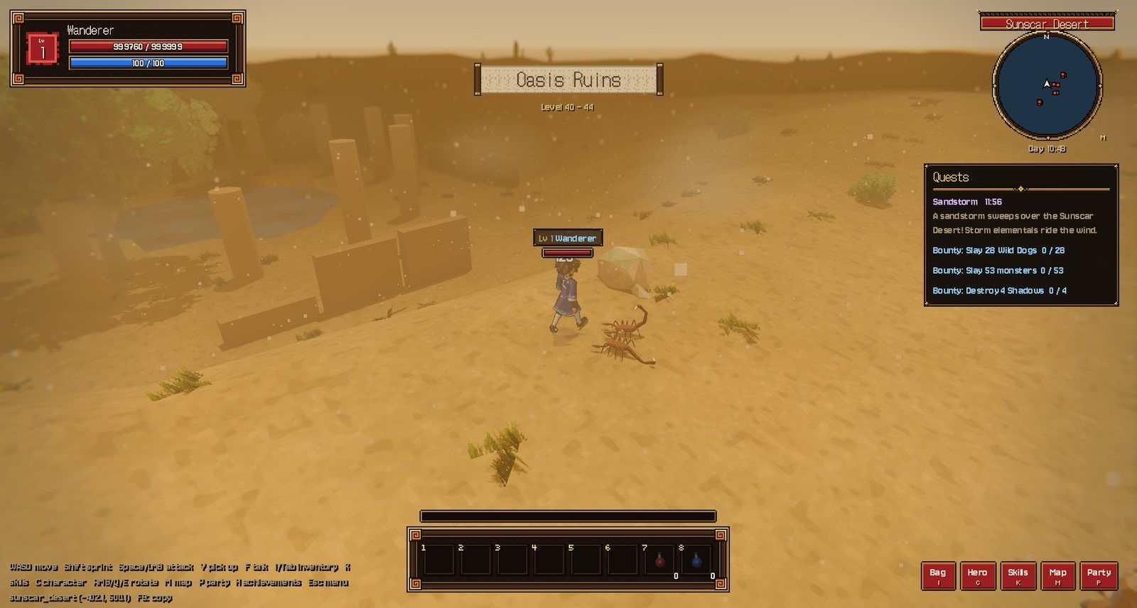 A Sandstorm in the Sunscar Desert: visibility drops, storm elementals roam, caches appear