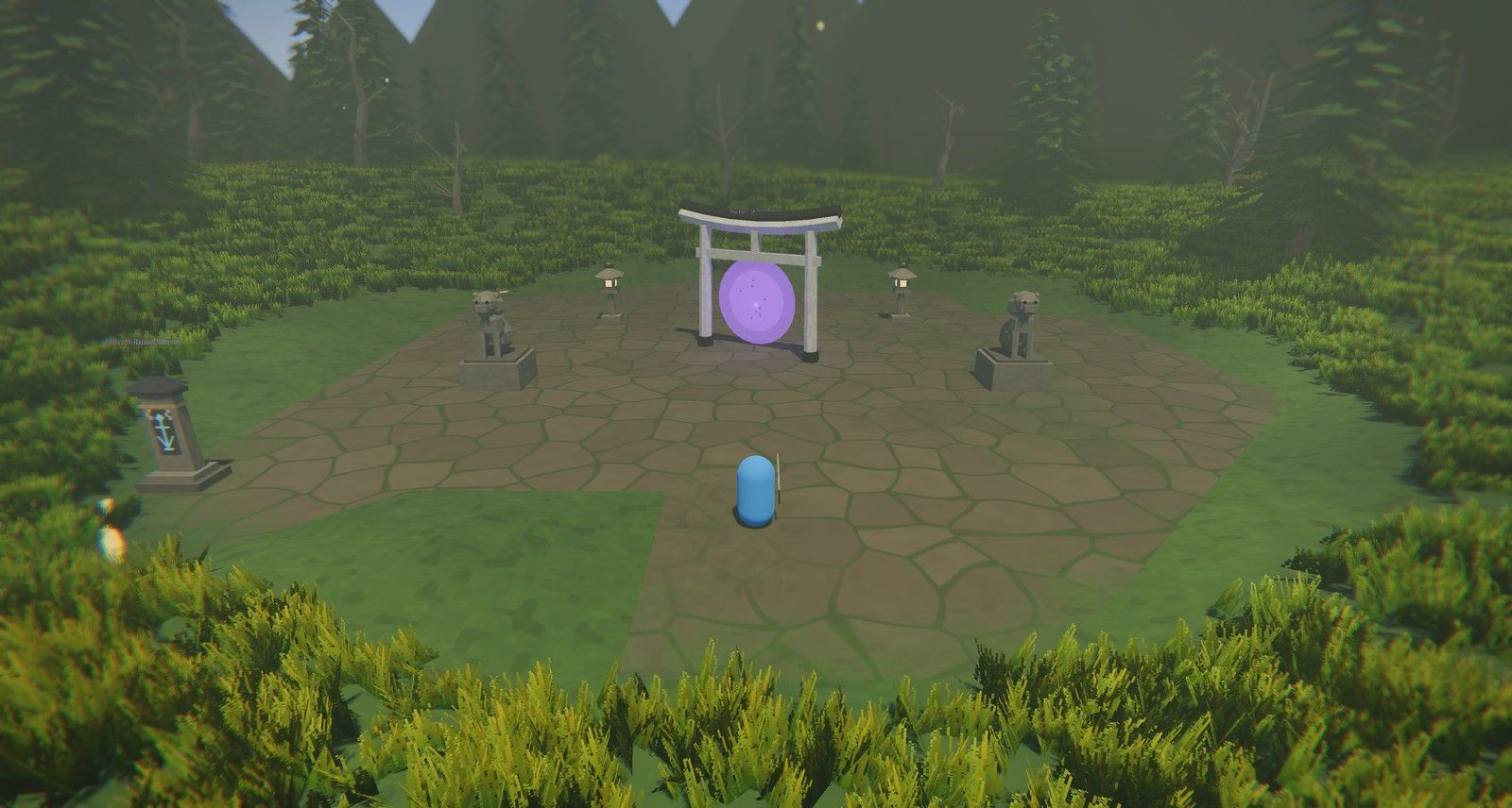 A torii portal: purple swirl, lanterns and guardian statues