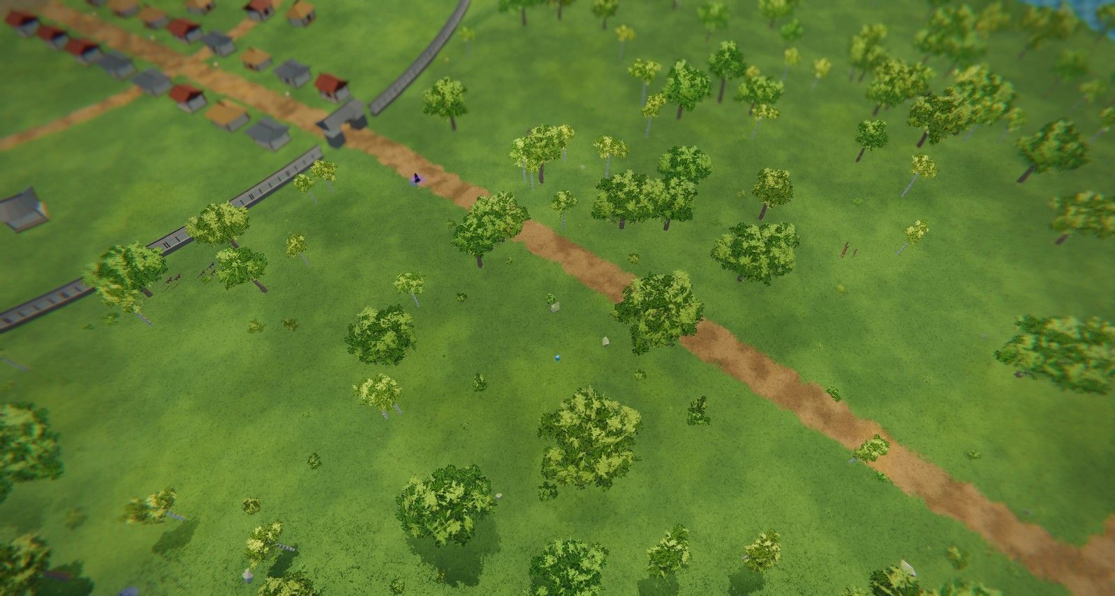 The Whispering Fields from 110 m up (fog off): trees everywhere, grass and small plants only near the camera