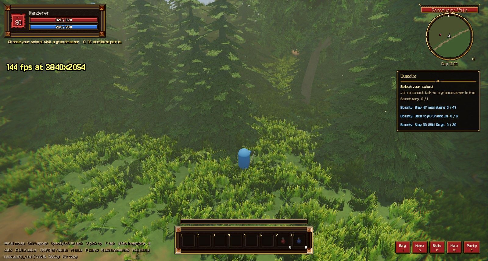 The Shadow Woods at 3840x2054 with a measured fps overlay (capped by the monitor's 144 Hz)