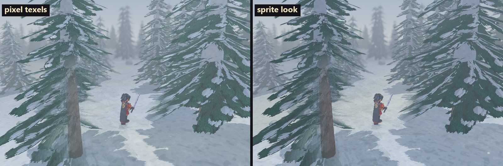 Frostpeak's pines with the pixel-texel look and with the sprite look