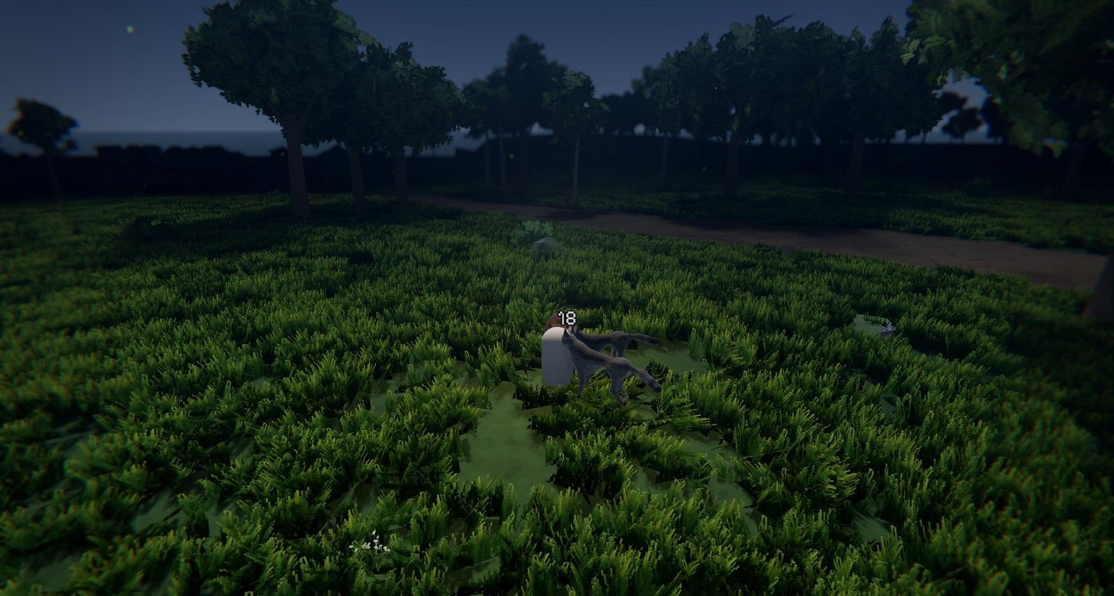 The same fields at night: moonlight on two wolves and a boar