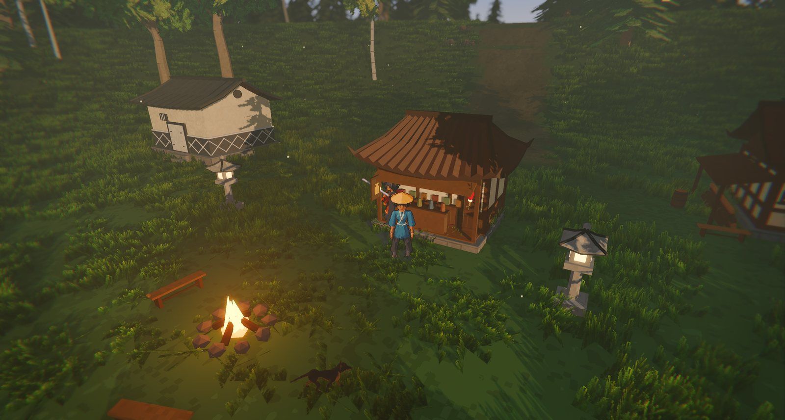 The current look: sprite-shaded houses and lanterns, the unchanged grass, cloud light and a sprite character at the harbor at sunset