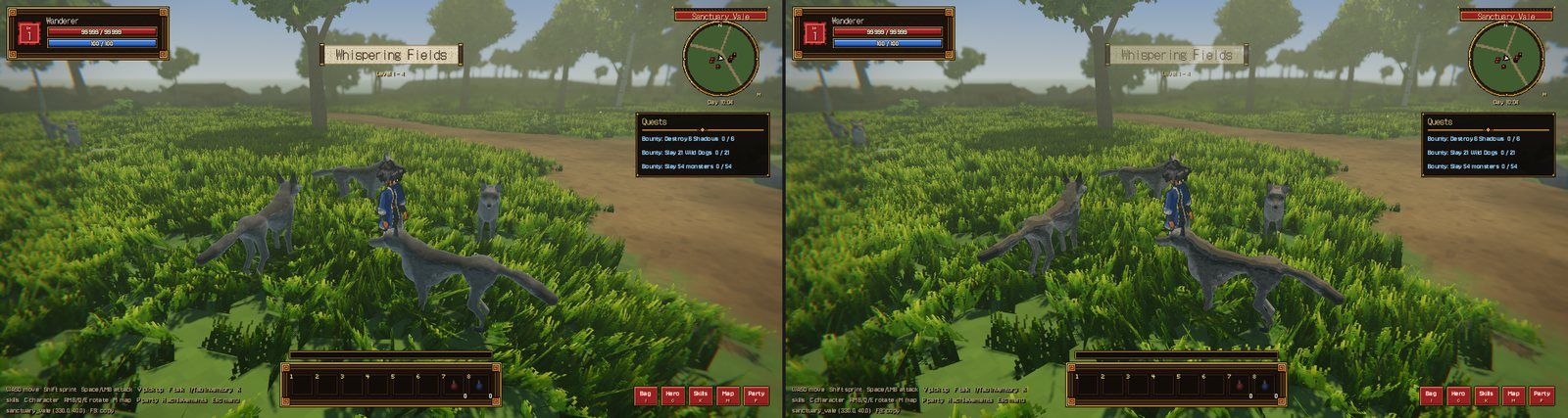 Before and after the sprite look on monsters: the same wolf pack with pixel-texel shading (left) and sprite-style shading (right)