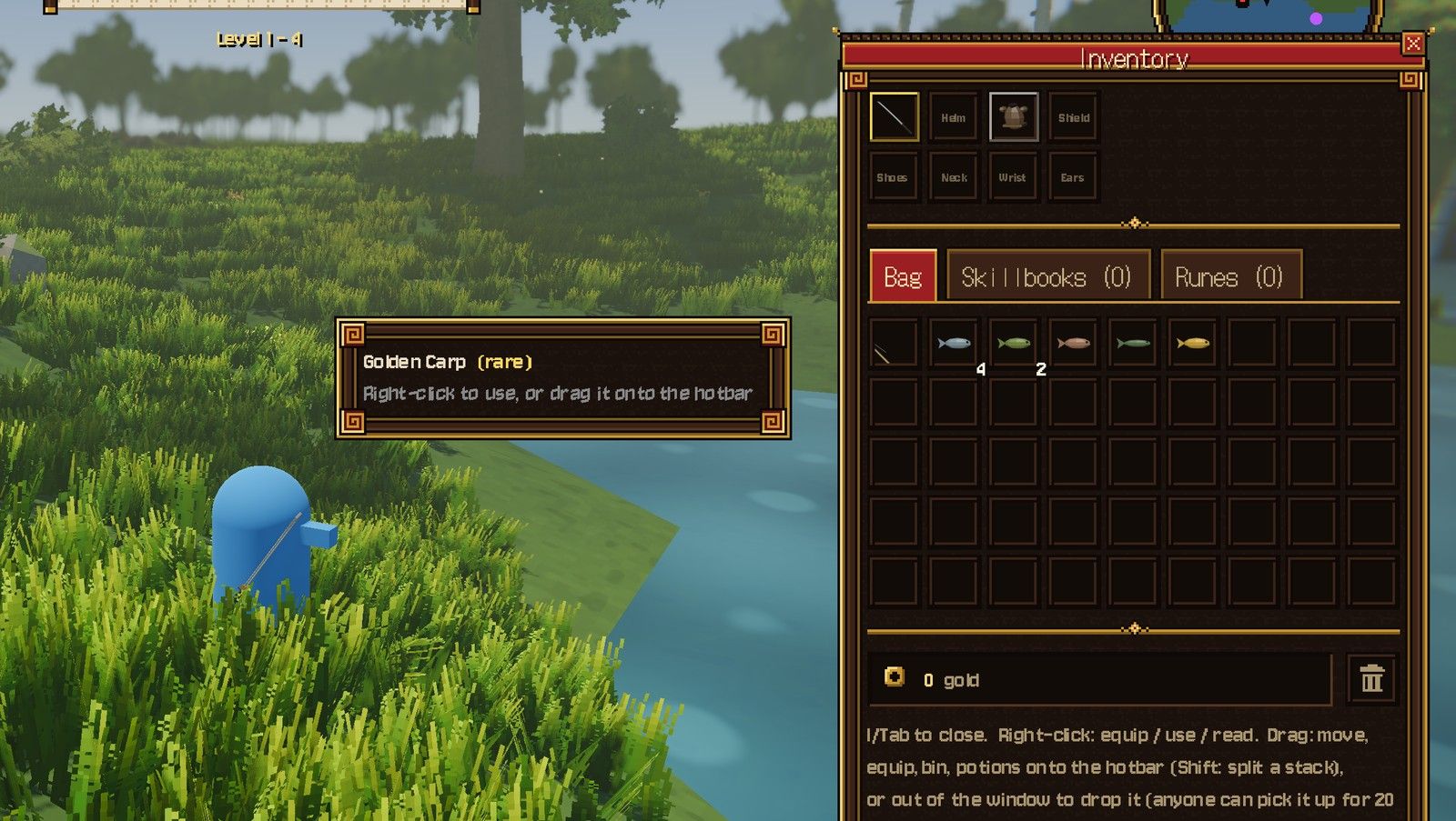 The catch in the bag, with a Golden Carp tooltip
