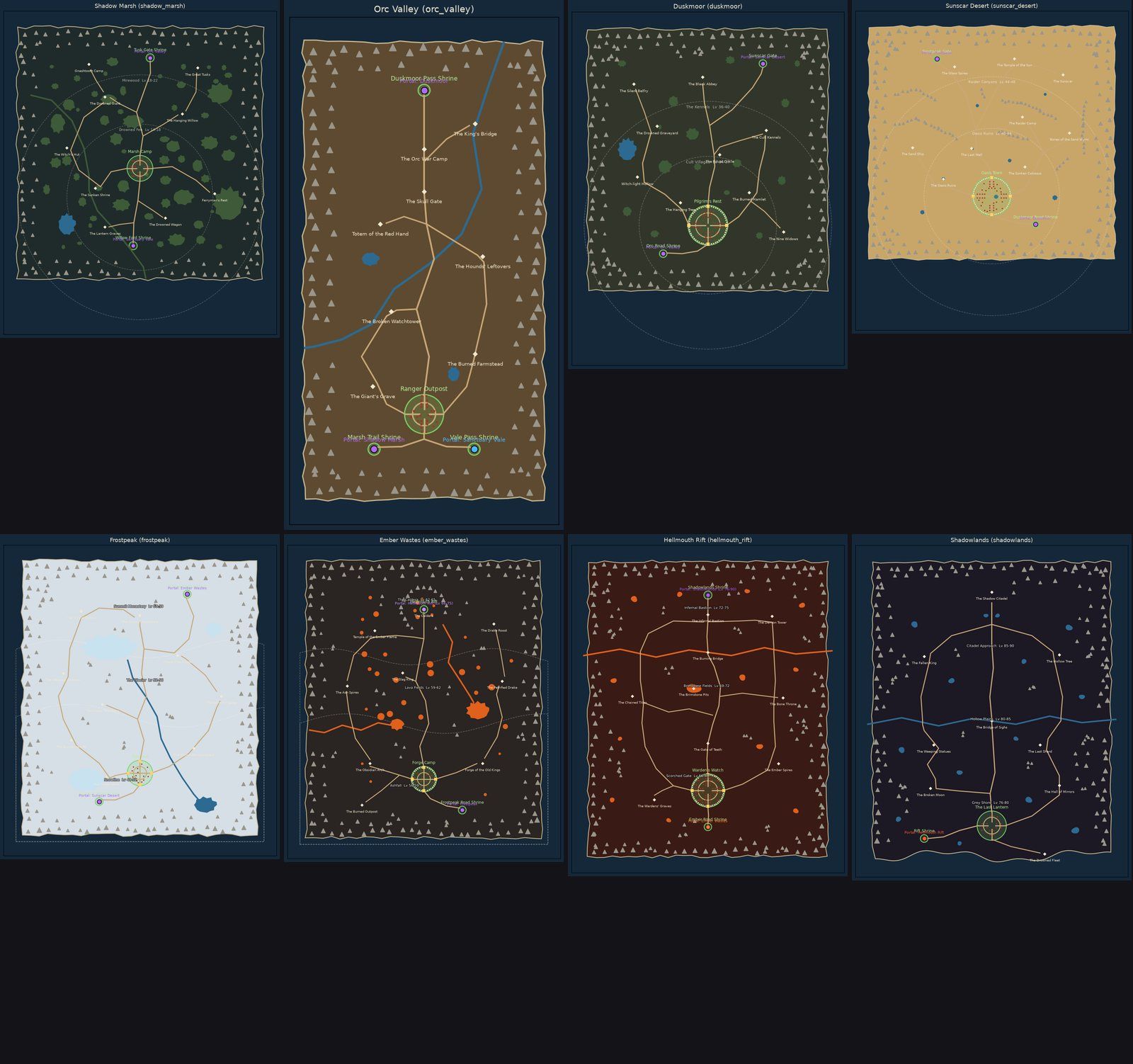 Eight maps rebuilt by four agents in parallel, two maps each: one town, roads, landmarks, mountain borders