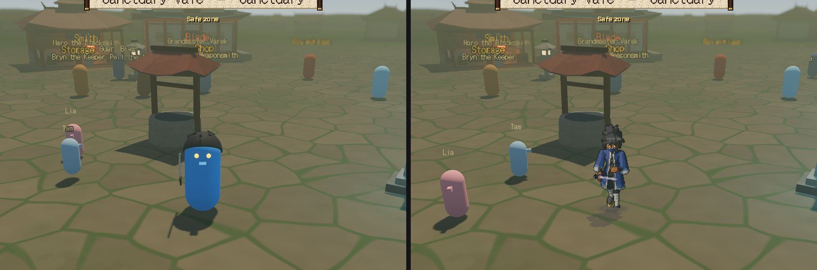 The town square with capsules and with the first sprite characters