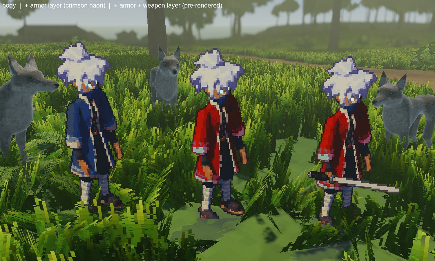 Paper-doll layers in the prototype: body, body + armor, body + armor + weapon