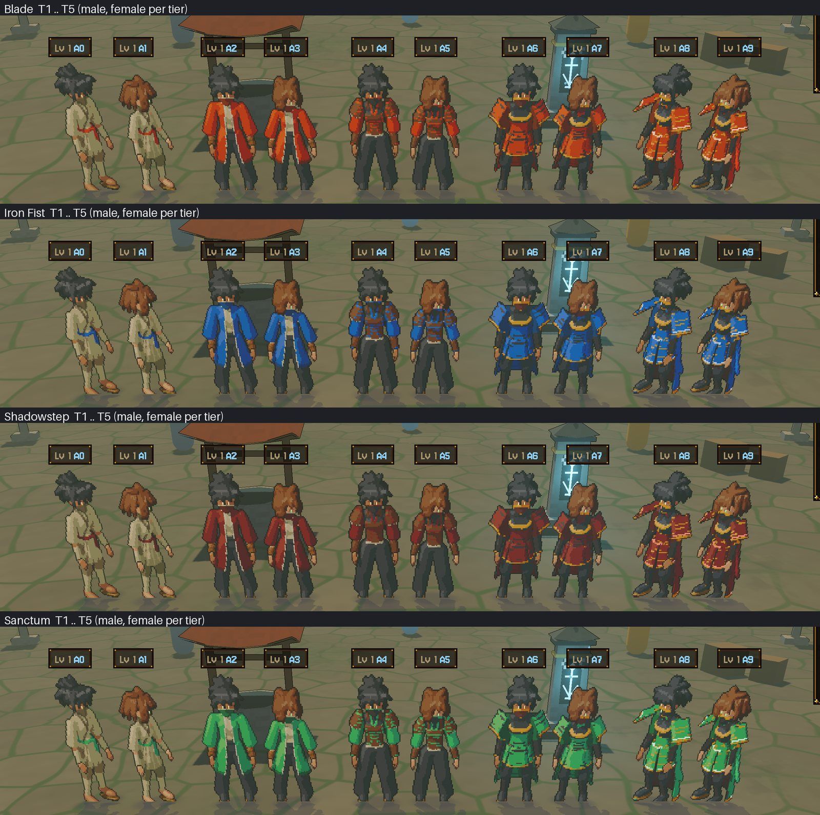 One armor cut, four schools: tiers 1 to 5 for Blade, Iron Fist, Shadowstep and Sanctum, recoloured at runtime