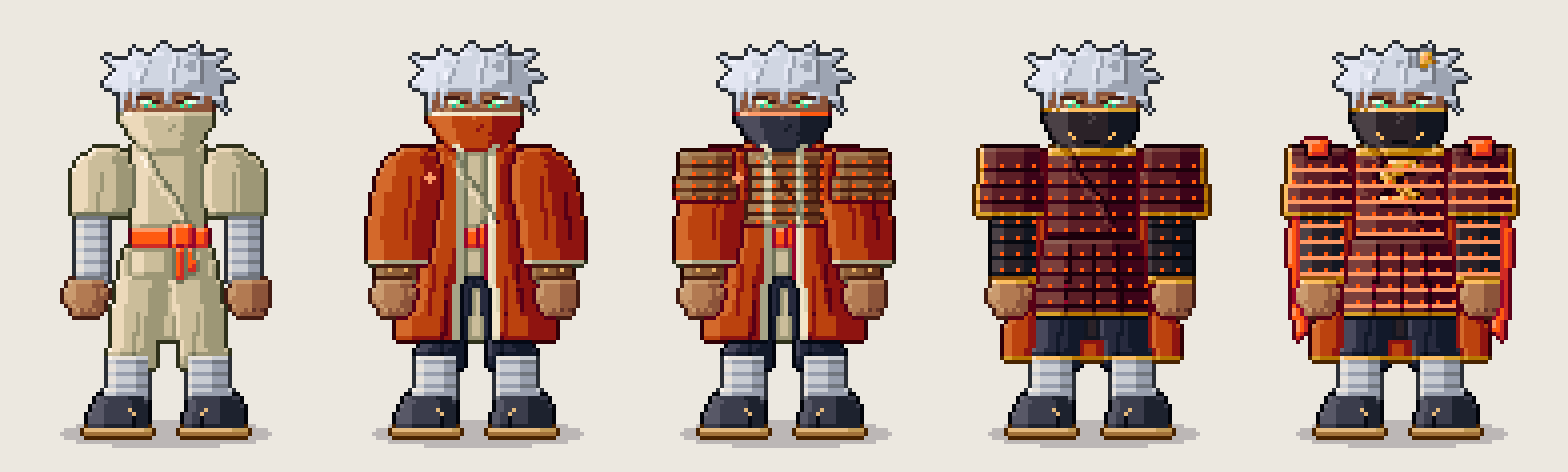 The pixel style target: the Blade school's five armor tiers, drawn by code to pin down proportions and the colour rule