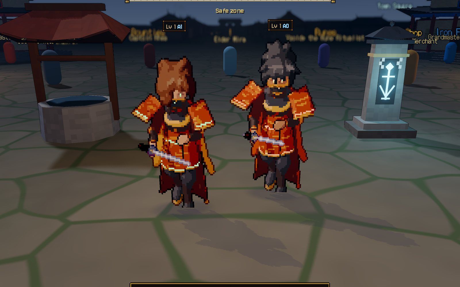 Two tier-5 armors at night: the glow seams in the school colour are an emissive palette ramp