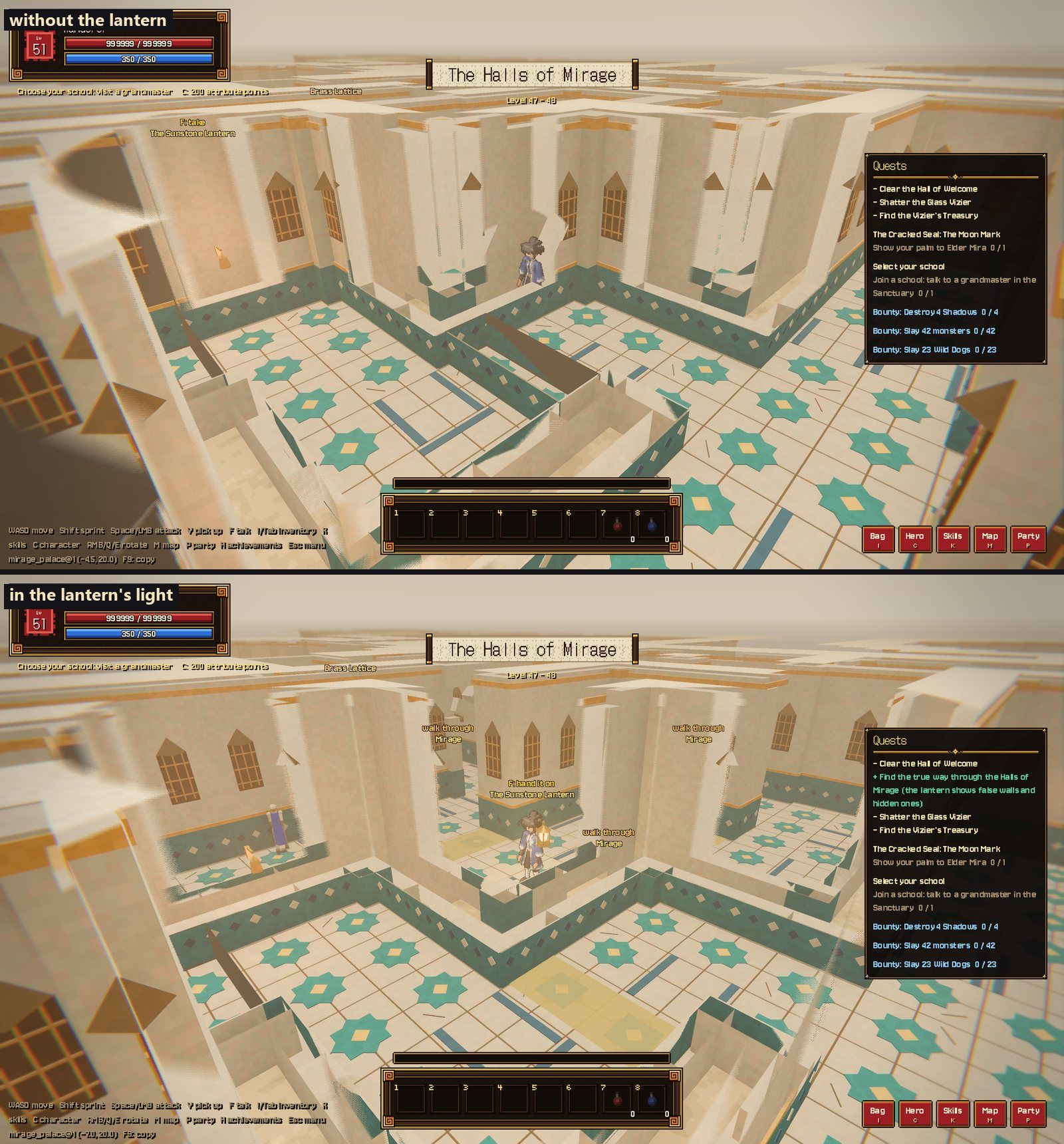 The Mirage Palace without the lantern, and in its light: false walls turn into lines of light, hidden ones show as gold glass