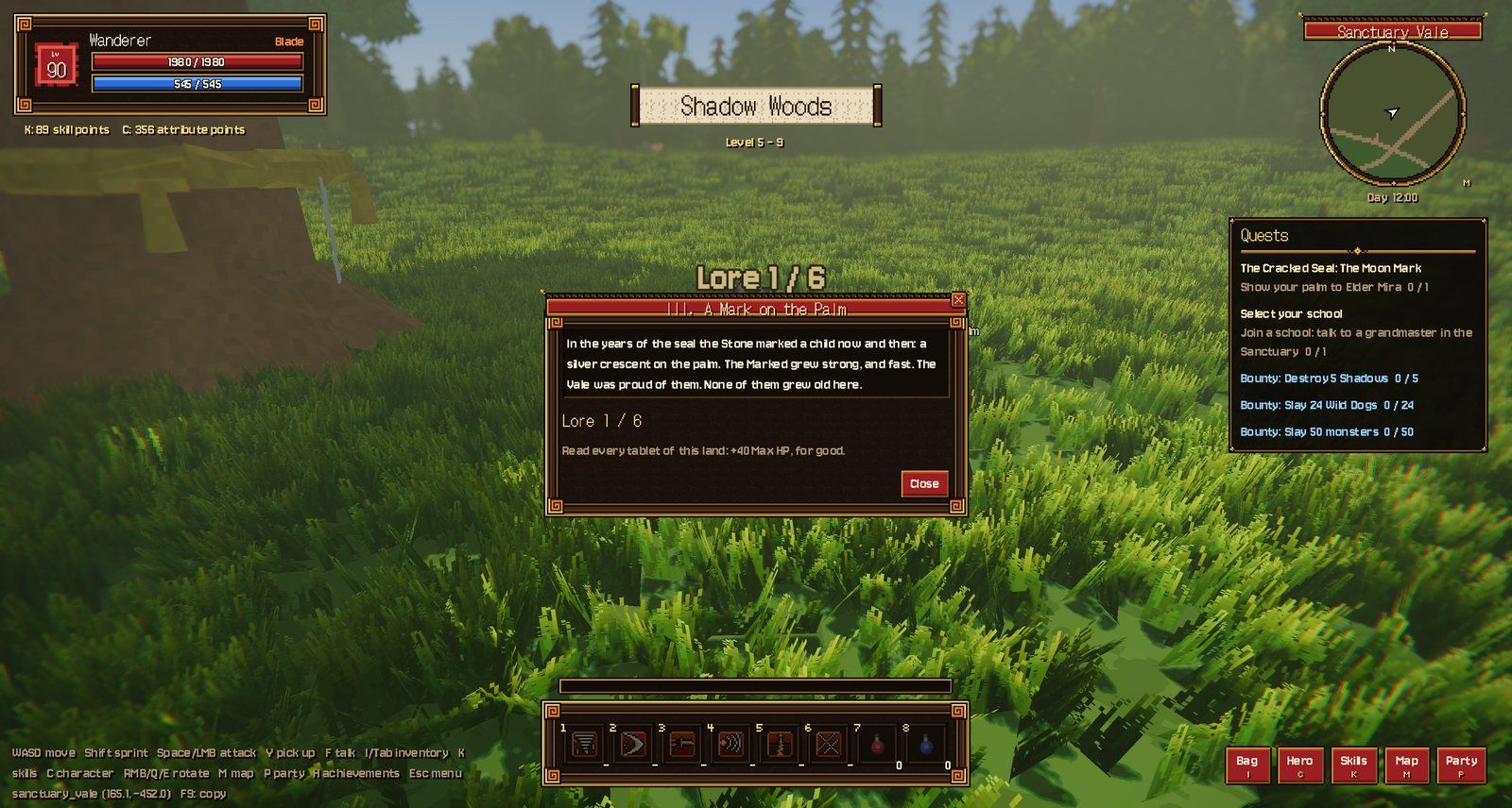 A lore tablet in the Shadow Woods: one chapter of the Vale's set, with its permanent bonus