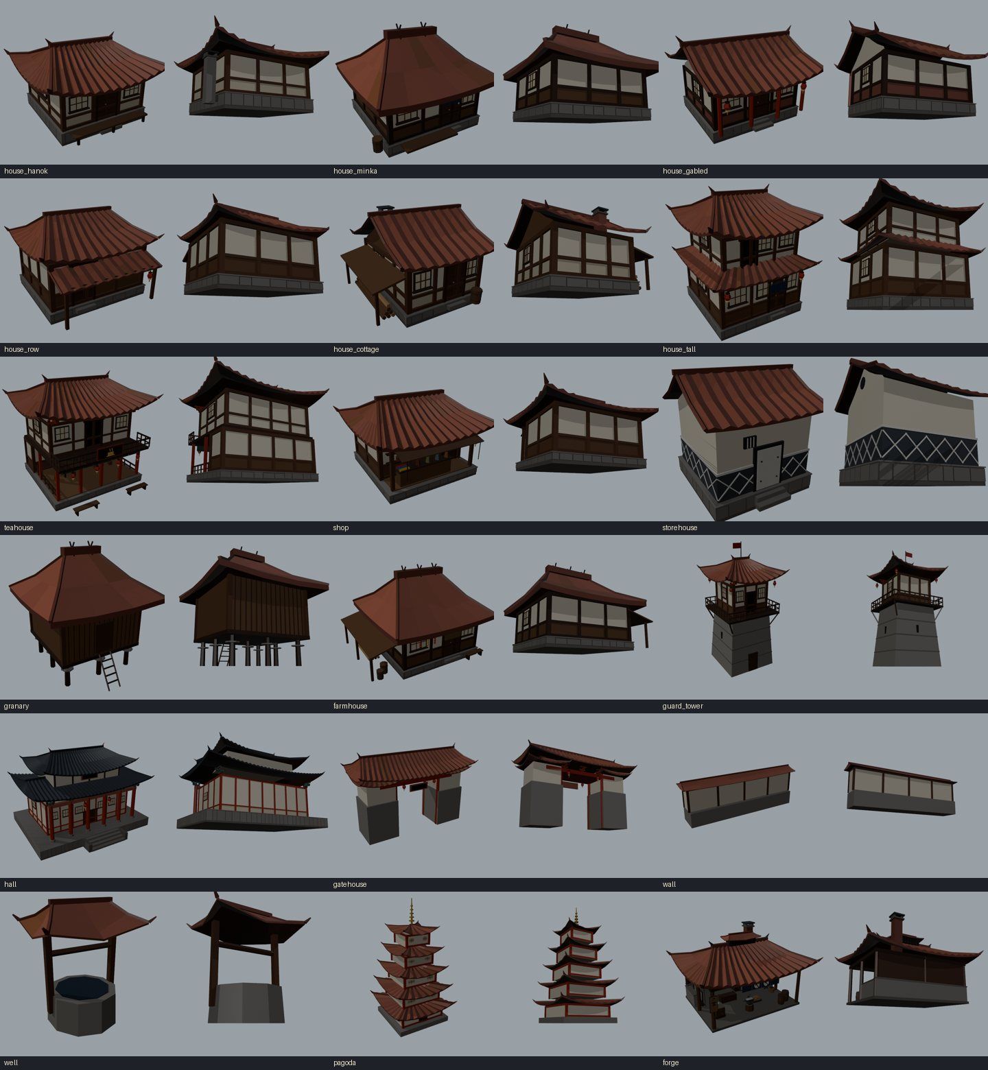 Part of the building kit after the detail pass: tiled roofs, timber frames, porches, signs