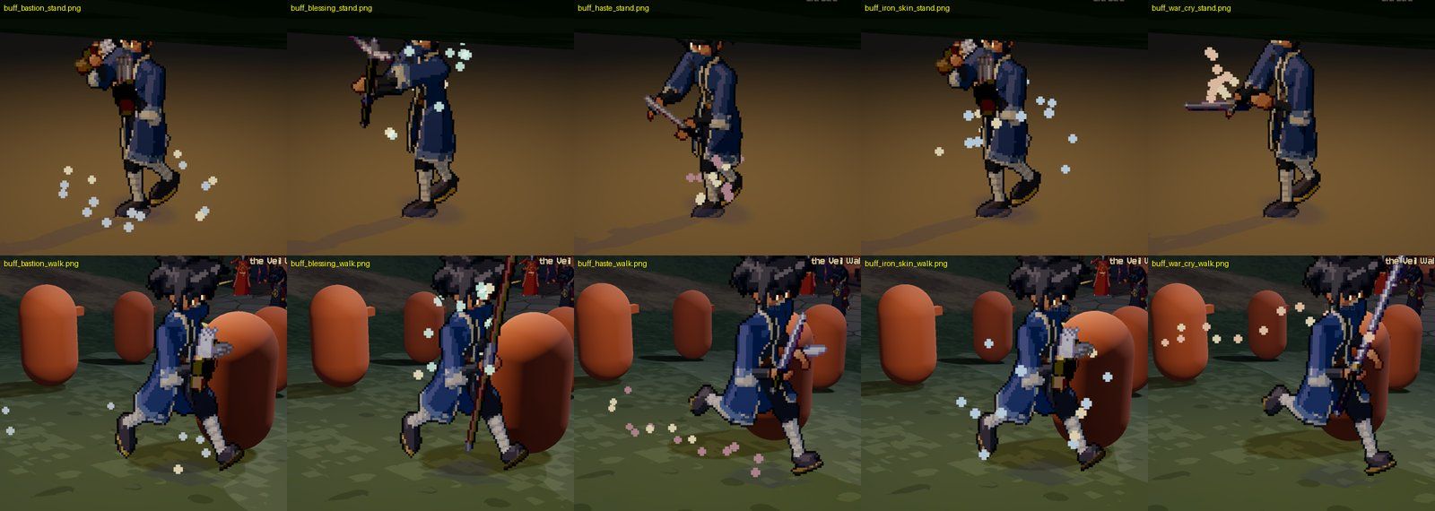 Each buff's particles, standing and running