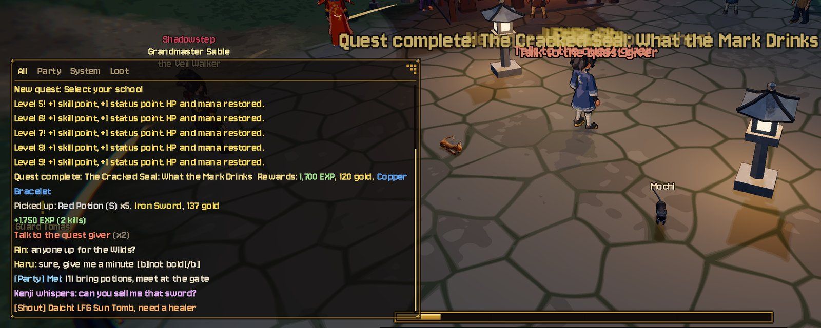The chat: a quest's rewards listed in full, merged pickups, summed XP, a refusal popup (x2), and player lines. "[b]not bold[/b]" stays plain text