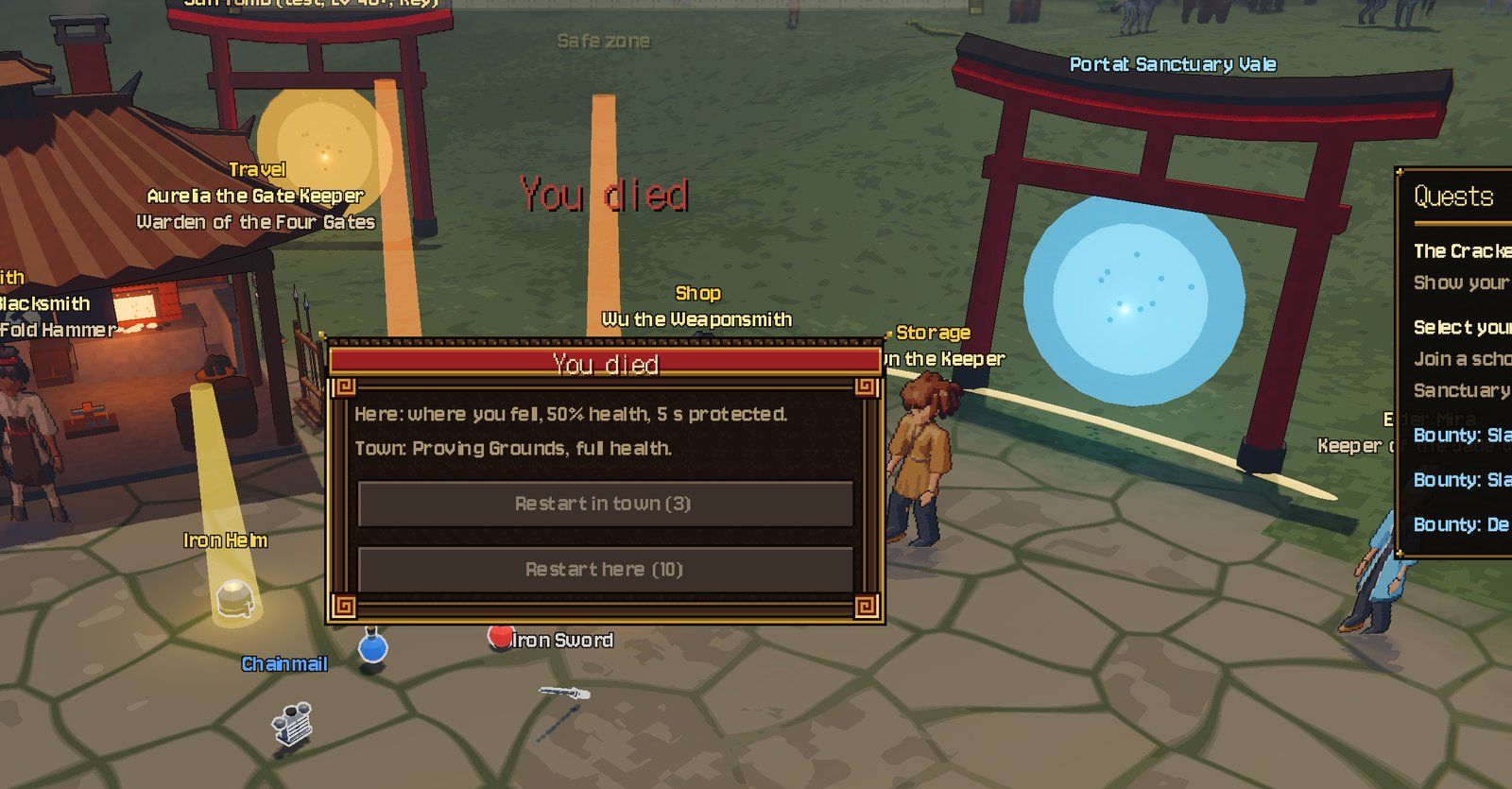 The new death window: restart in town after 3 s, or here after 10 s with half health