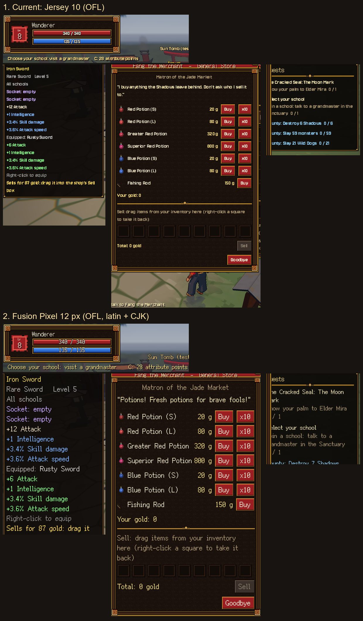 The font comparison sheet, first two of four: Jersey 10 (current) and Fusion Pixel 12