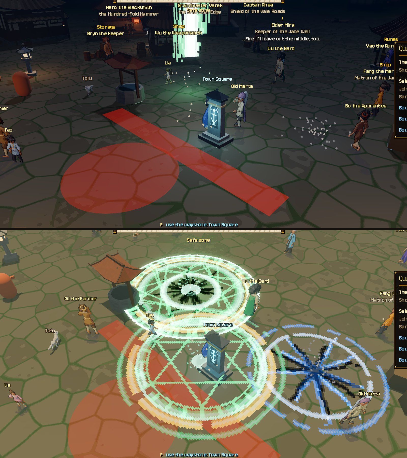 The Vale square before (top: only the boss telegraph shows) and after (the skill glyphs draw over the paving)
