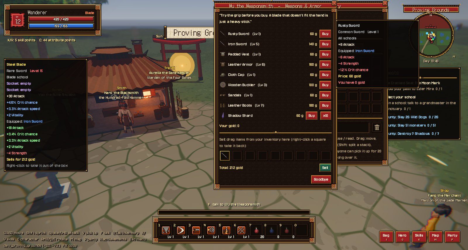 A shop tooltip comparing an Iron Sword with the equipped one, and a Sell box tooltip on the left