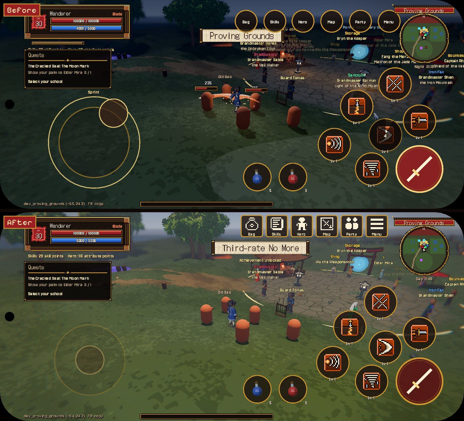 The same fight before and after the cleanup: the round menu buttons and the zone banner competing for the top edge, then a row of icon tiles with the banner band under it, here showing an achievement