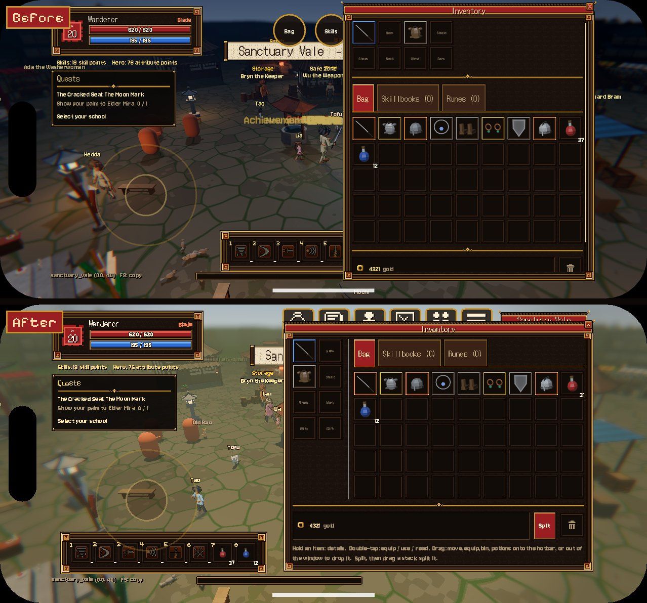 The inventory on an iPhone, before and after: equipment above the bag with the gold row cut off by the home bar, then equipment in two columns beside it, with gold, Split and the bin in view