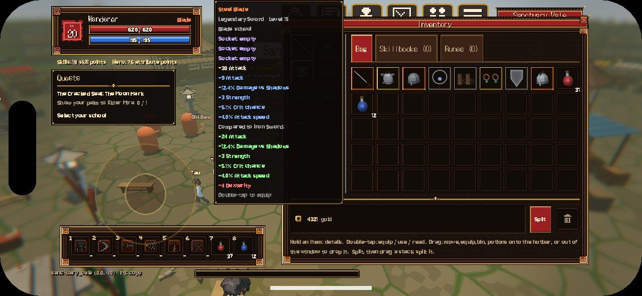 A long press on a sword in the bag: the tooltip with the comparison to the equipped sword opens beside the finger and ends with "Double-tap to equip"