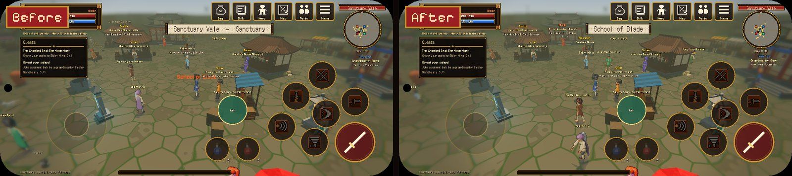 School selection on an Android-shaped screen: before, the "School of Blade" popup floats over the character; after, it is a banner under the menu row. The green Talk button only appears next to an NPC