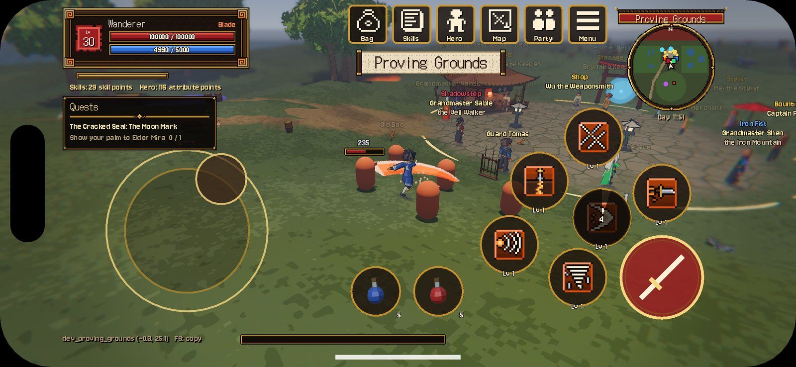 The touch HUD on a simulated iPhone 15 Pro: a floating stick on the left, the attack button with six skills on two rings and two potions on the right, the menu row as icon tiles left of the minimap, and the notch and home bar drawn over the screenshot