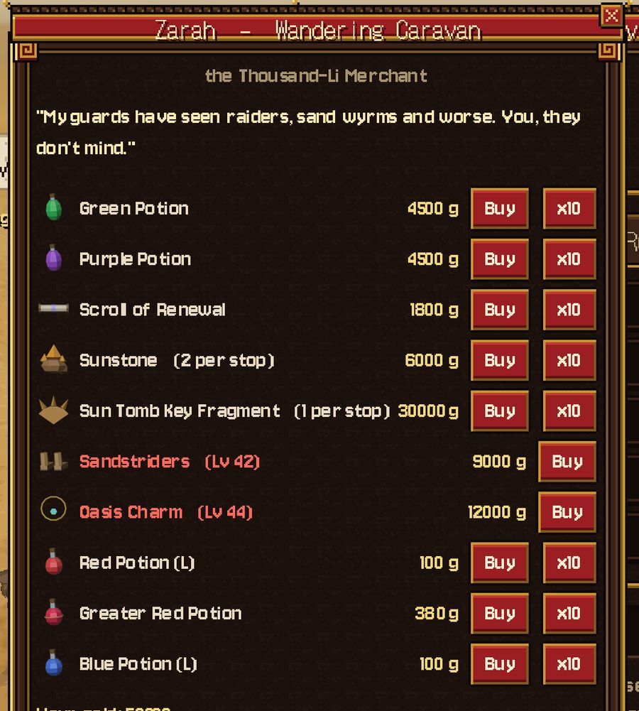 The caravan's shop window, with the per-stop limits on Sunstone and the key fragment