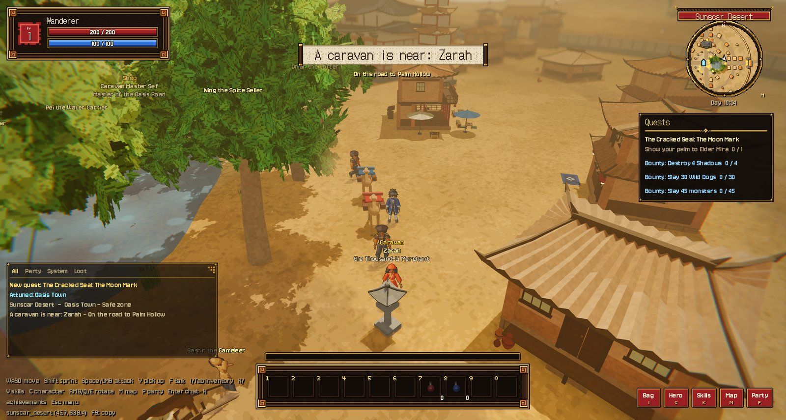 Zarah, the Thousand-Li Merchant, leaving Oasis Town with her camels and guards. The banner appears when the caravan comes within 60 m