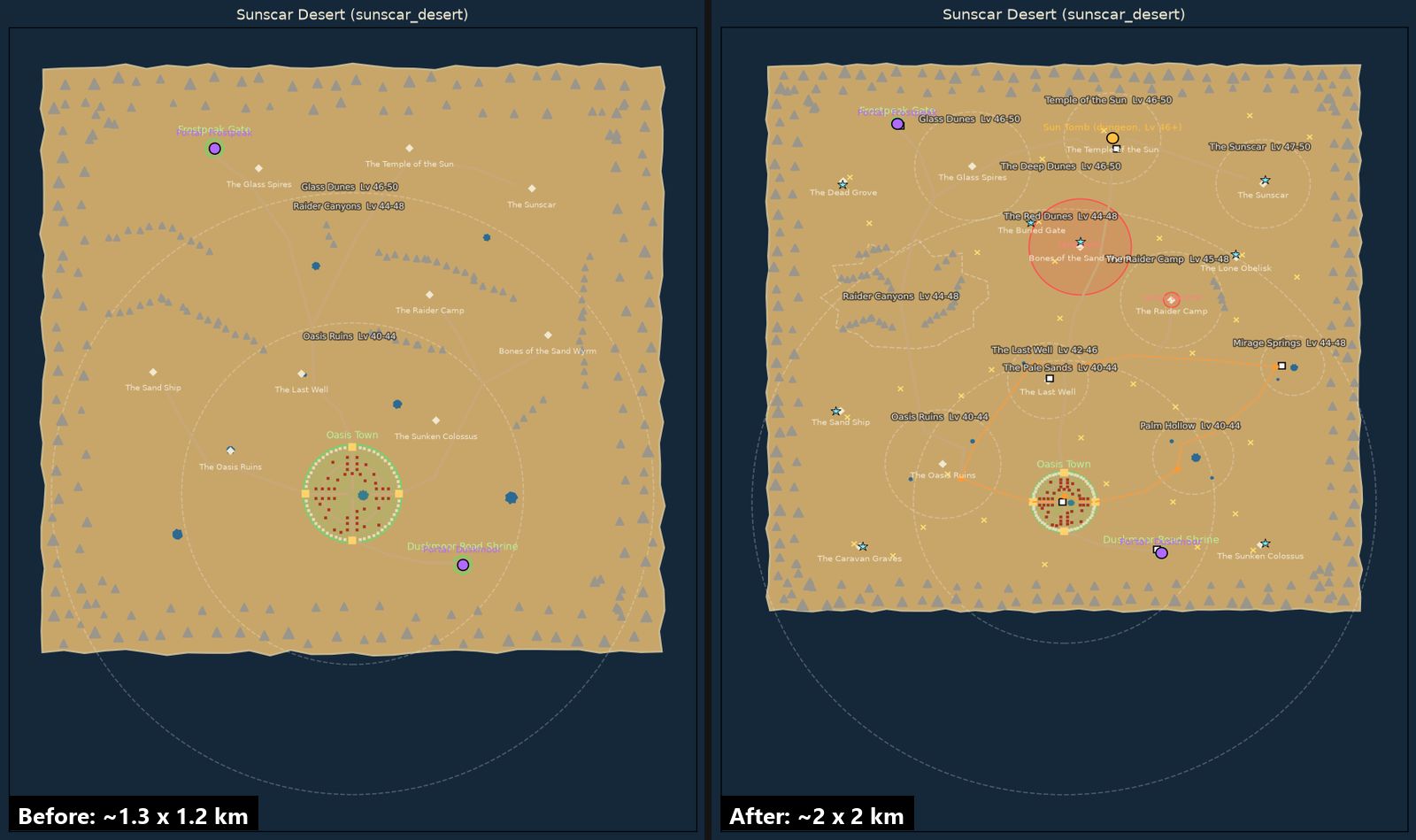 The Sunscar Desert's top-down overview before (left, about 1.3 x 1.2 km) and after (right, about 2 x 2 km). Each picture is fitted to its frame, so the new map is drawn at a smaller scale: the town in the south is the same size in both