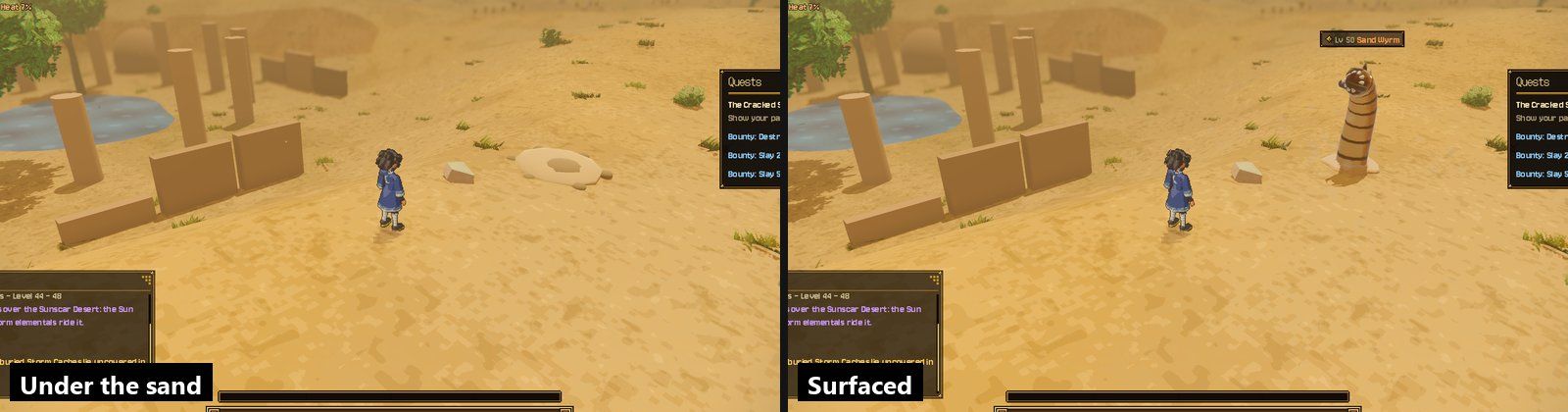 The Sand Wyrm under the sand, a mound in the ground (left), and surfaced (right)